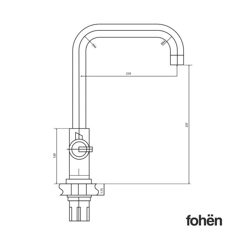 Fohen Fahrenheit Brushed Gold Side Dimensions Line Drawing
